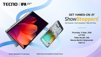 You are currently viewing TECNO Will Bring Next-Gen Bezelless Concept Phone and 360° Hinge MEGABOOK T15 360 Pro to IFA ShowStoppers 2026