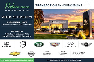 You are currently viewing Performance Brokerage Services Advises on the Sale of Willis Automotive with 11 Locations in Iowa, from Rich Willis and Willis Automotive to Collin Sewell and Jason Willis